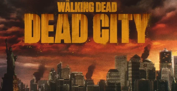 Frame da abertura de The Walking Dead: Dead City com a logo da série.