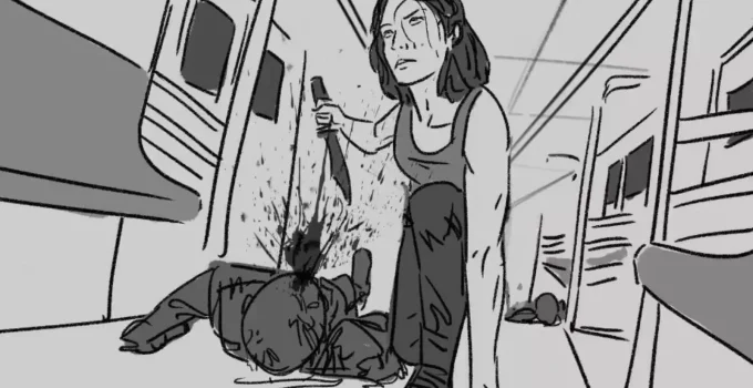 Storyboard de Maggie no metrô de New York matando um zumbi em The Walking Dead: Dead City.