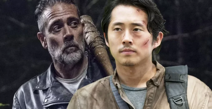 Montagem com imagens de Negan e Glenn em cenas de The Walking Dead.