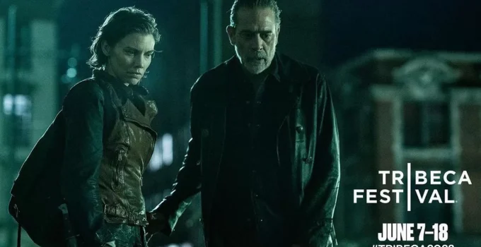 Imagem de Maggie e Negan na 1ª temporada de The Walking Dead: Dead City e logo do Tribeca Film Festival.