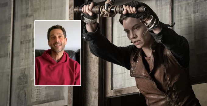Montagem com foto de Eli Jorné e imagem de Maggie na tirolesa no Episódio 2 da 1ª temporada de The Walking Dead: Dead City.