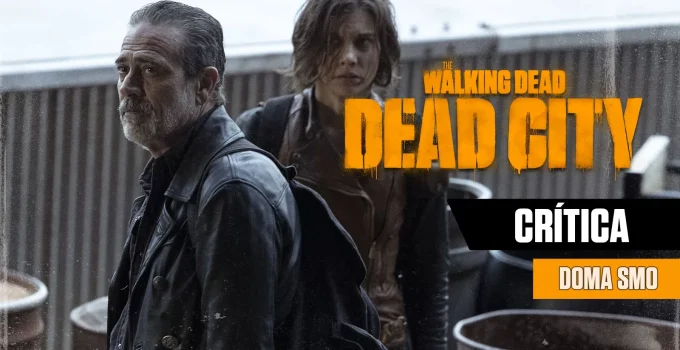 Negan e Maggie olhando para cima com olhares desconfiados em arte da crítica do episódio 6 da 1ª temporada de The Walking Dead: Dead City.
