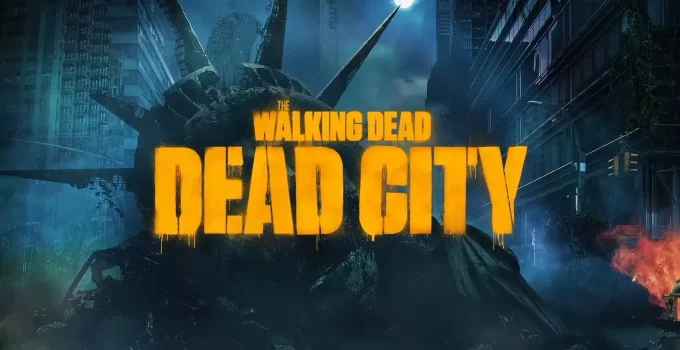 Estátua da Liberdade zumbificada e destruída com logo de The Walking Dead: Dead City.