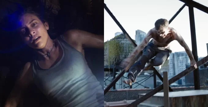 Montagem com Maggie no chão e assustada e um zumbi variante em cenas da 1ª temporada de The Walking Dead: Dead City.