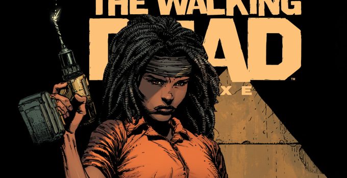 Michonne segurando uma broca na capa da edição 33 da The Walking Dead Deluxe.
