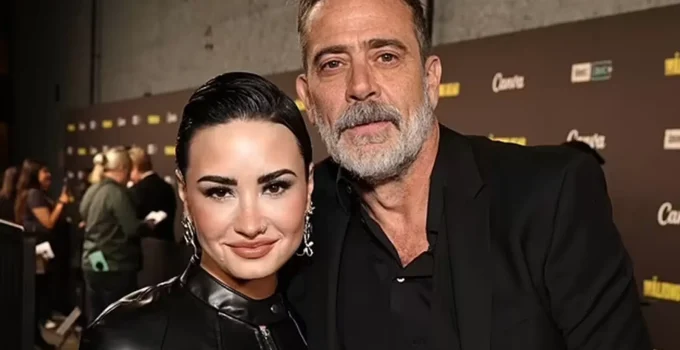 Demi Lovato ao lado de Jeffrey Dean Morgan no evento do último episódio de The Walking Dead em Los Angeles.