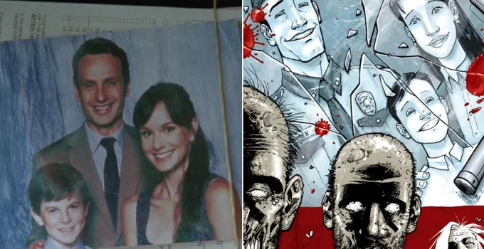 Montagem com foto de Rick, Carl e Lori na 1ª temporada de The Walking Dead e capa do Volume 1 dos quadrinhos.