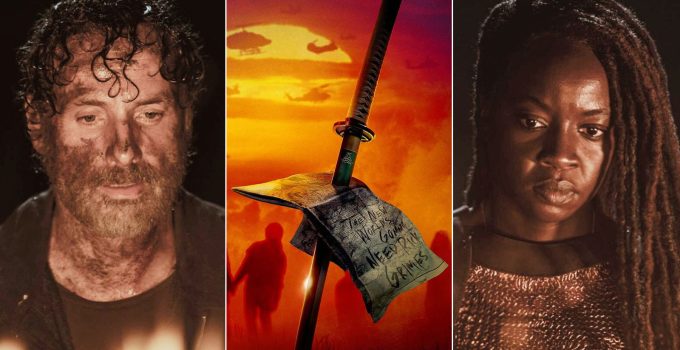 Montagem com fotos de Rick e Michonne no episódio final de The Walking Dead e pôster promocional da série spin-off.