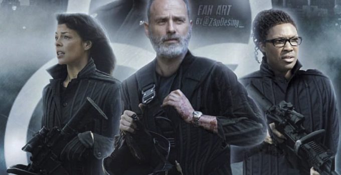 Arte de Fã reunindo Rick, Jadis e Heath armados nos filmes de The Walking Dead