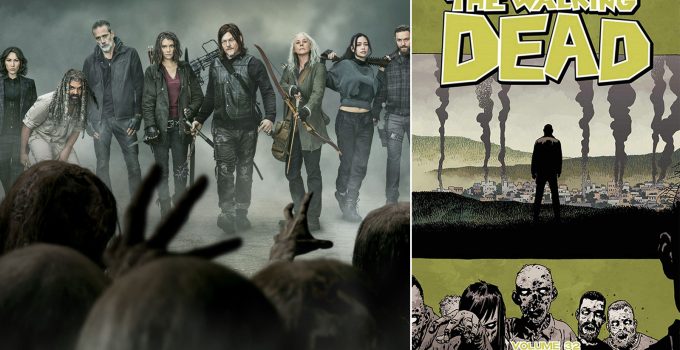 Montagem com o pôster da 11ª temporada de The Walking Dead e o último volume dos quadrinhos de Robert Kirkman.