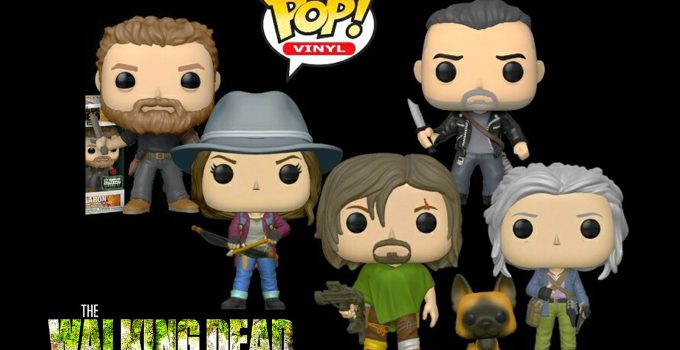 Montagem com os funko de The Walking Dead da Série 10 - Aaron, Maggie, Daryl e Cachorro, Negan e Carol