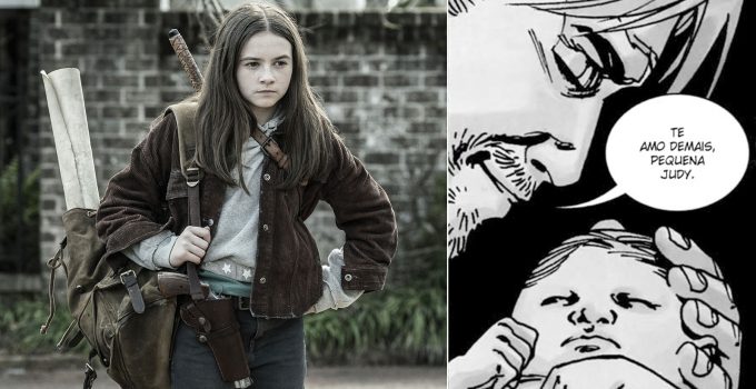Montagem com Judith no episódio 23 da Série de TV e Rick segurando Judith nos quadrinhos de The Walking Dead.