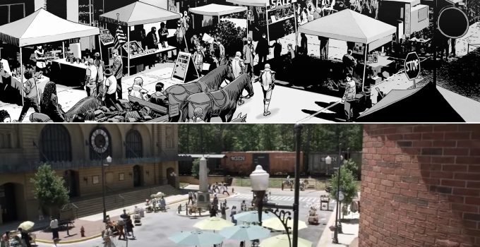 Montagem comparando Commonwealth na HQ e na Série de TV de The Walking Dead.