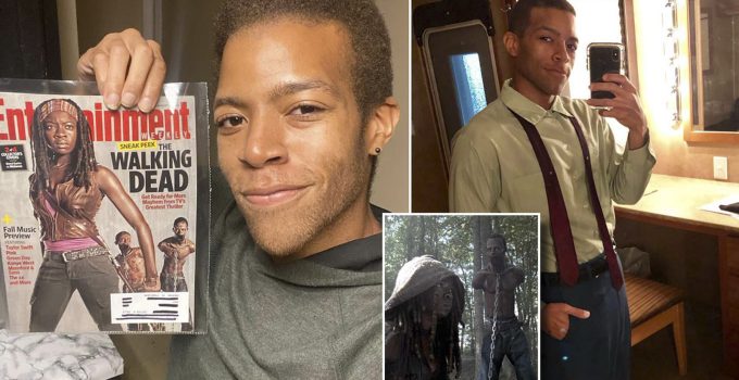 Montagem com fotos pessoais de Moses J. Moseley, onde uma ele está segurando uma revista da EW que está promovendo The Walking Dead e a outra é uma foto tirada no espelho.