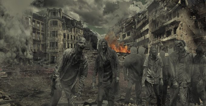 Montagem de zumbis de The Walking Dead com mundo destruido.