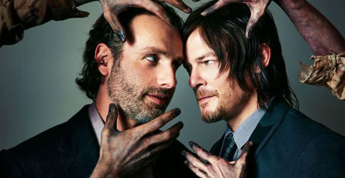 Norman Reedus (Daryl) e Andrew Lincoln (Rick) se encaram enquanto mãos de zumbis tentam pegá-los em ensaio fotográfico para a Atlanta Magazine.