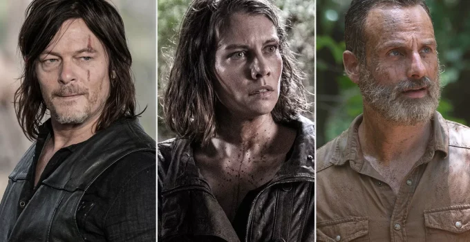 Montagem com fotos de Daryl, Maggie e Rick em cenas de The Walking Dead.
