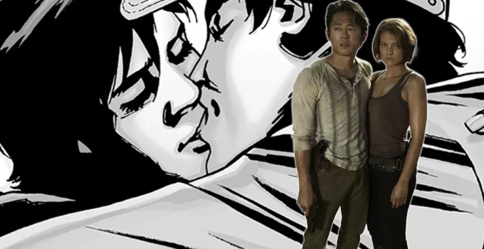 Montagem com artes de Glenn e Maggie tanto nos quadrinhos quanto na série The Walking Dead.