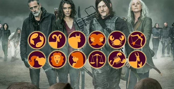 Montagem com arte oficial dos personagens da 11ª temporada de The Walking Dead e arte ilustrada de signos.