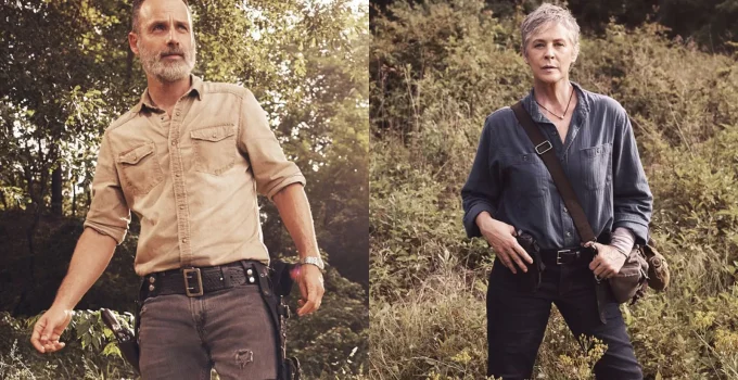 Montagem com artes promocionais dos personagens Rick e Carol na 9ª temporada de The Walking Dead.