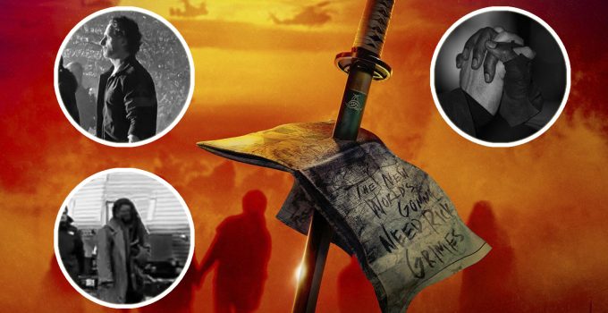 Montagem com pôster promocional divulgado pela AMC onde vemos a espada de Michonne e o mapa escrito "O Novo Mundo Precisa de Rick Grimes" e fotos de Andrew Lincoln e Danai Gurira nos bastidores das gravações do spin-off.