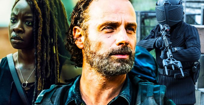 Montagem com fotos de Rick, Michonne e um soldado da CRM no Universo The Walking Dead.