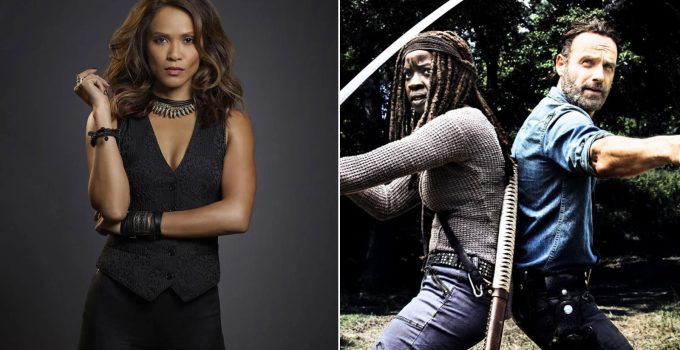 Montagem com foto promocional de Lesley-Ann Brandt e foto de Rick e Michonne em The Walking Dead.
