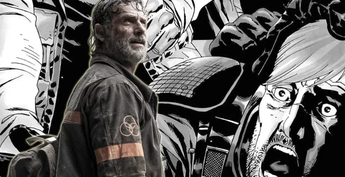 Montagem com imagem de Rick em cena da última temporada de The Walking Dead e Rick perdendo a mão na edição 28 da HQ.