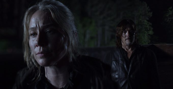 Leah e Daryl observando o caos em Meridian no episódio 8 da 11ª temporada de The Walking Dead.
