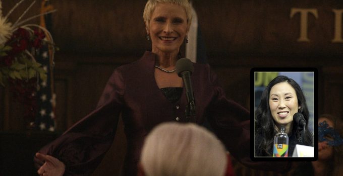 Montagem mostrando Pamela Milton sorrindo e de braços abertos no episódio 10 da 11ª temporada de The Walking Dead e a showrunner Angela Kang.
