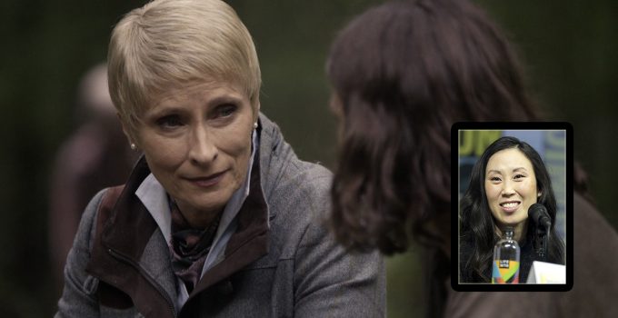 Montagem mostrando Pamela Milton conversando com Maggie no episódio 12 da 11ª temporada de The Walking Dead e a showrunner Angela Kang.