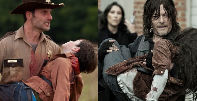 Montagem com Rick segurando Carl que foi baleado na 2ª temporada de The Walking Dead e Daryl segurando Judith que foi baleada na 11ª temporada.