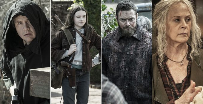 Montagem com os personagens Eugene, Judith, Aaron e Carol em cenas da 11ª temporada de The Walking Dead.