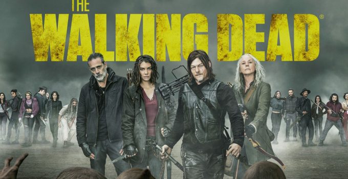 Personagens principais no pôster oficial da terceira parte da 11ª temporada com a logo de The Walking Dead ao fundo.