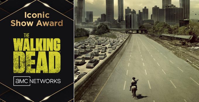 Montagem com arte de The Walking Dead como Iconic Show do Broadcasting + Cable Hall of Fame e pôster da 1ª temporada.