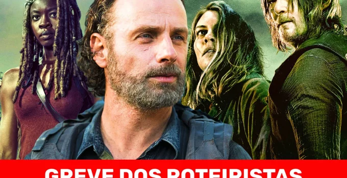Montagem com imagens de Michonne, Rick, Maggie e Daryl em The Walking Dead para ilustrar matéria sobre a greve dos roteiristas.