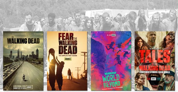 Montagem com os pôsteres da 4 séries do Universo The Walking Dead já lançadas e zumbis ao fundo.
