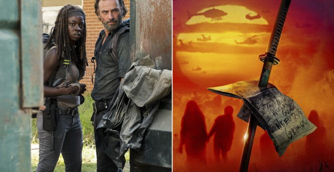 Montagem com foto de Rick e Michonne no episódio 12 da 7ª temporada de The Walking Dead e o pôster promocional do spin-off da dupla.