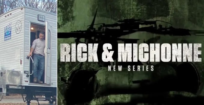 Montagem com a logo inicial do spin-off de The Walking Dead focado em Rick e Michonne e uma foto do set de gravações com Andrew Lincoln saindo de seu trailer.