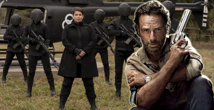 Montagem com os soldados da CRM em The Walking Dead: World Beyond e imagem de Rick Grimes com arma.