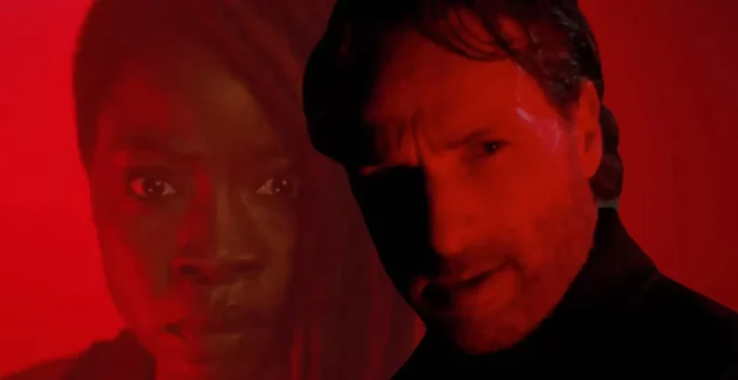 Montagem com fotos de Rick e Michonne de cenas do teaser de The Walking Dead: The Ones Who Live.