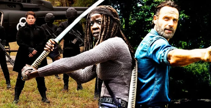 Montagem com foto de Elizabeth Kublek em The Walking Dead: World Beyond e Rick e Michonne em The Walking Dead.