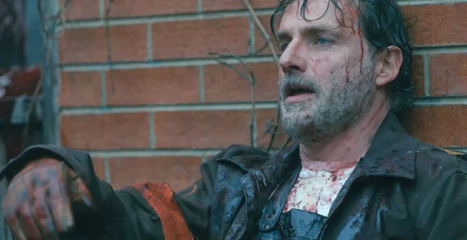 Rick cansado e sujo de sangue após um dia de trabalho na República Cívica em cena do Episódio 1 de The Walking Dead: The Ones Who Live.
