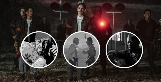 Montagem com imagem do Episódio 1 de The Walking Dead: The Ones Who Live e curiosidades/referências que foram destaques nele.