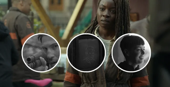 Montagem com imagem do Episódio 3 de The Walking Dead: The Ones Who Live e curiosidades/referências que foram destaques nele.
