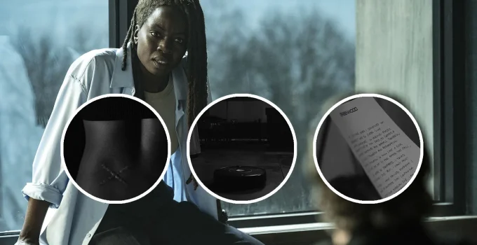 Montagem com imagem do Episódio 4 de The Walking Dead: The Ones Who Live e curiosidades/referências que foram destaques nele.