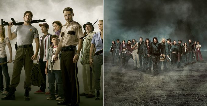 Montagem com os pôsteres das temporadas 1 e 11 de The Walking Dead.