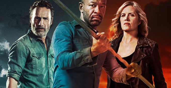 Rick, Morgan e Madison reunidos em uma montagem que simboliza o crossover de The Walking Dead com Fear the Walking Dead.