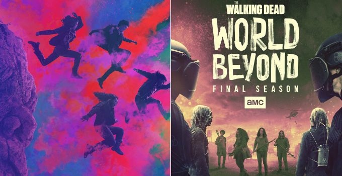 Montagem com os pôsteres das temporadas 1 e 2 de The Walking Dead: World Beyond.
