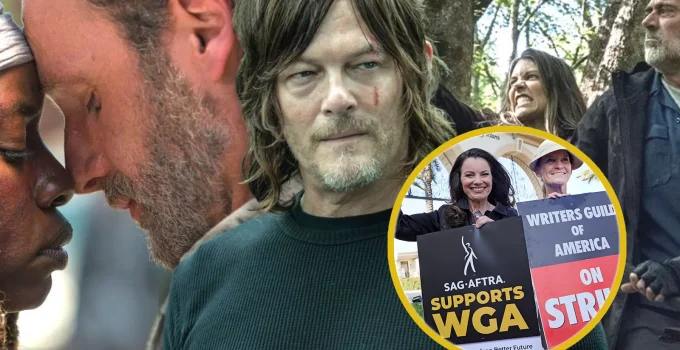 Montagem com imagens de Michonne, Rick, Daryl, Maggie e Negan com protestantes da greve dos roteiristas e atores.